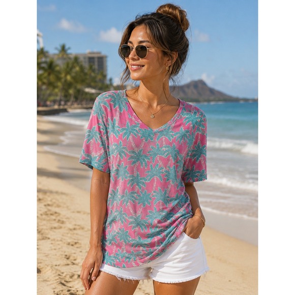 Simply Southern Tops - Simply Southern Women's‎ Top Pink With Palm Trees Size Large Tropical Beachy -76